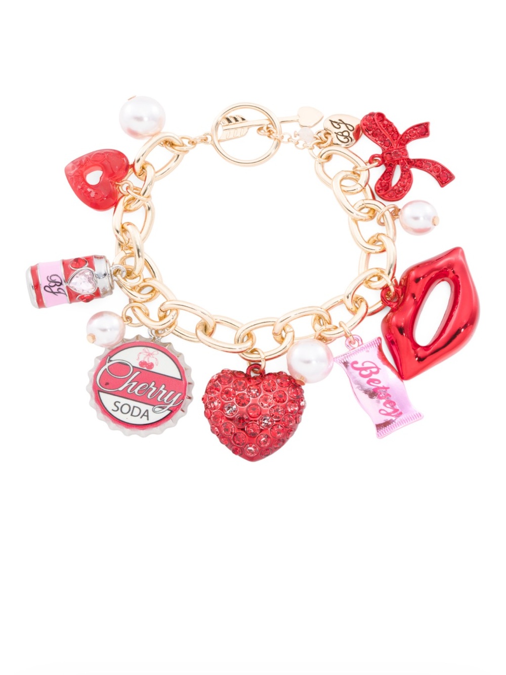 Betsey Johnson Gold-Tone Heart and Lips Charm Bracelet with Red and Pink Accents - Picture 3 of 4